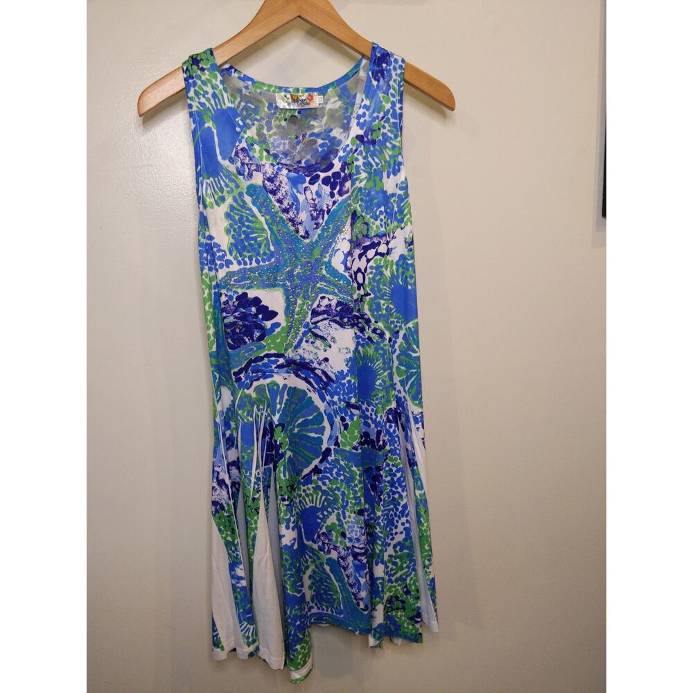 India Boutique Starfish Godet Dress Blue Green White Coastal Boho One Size